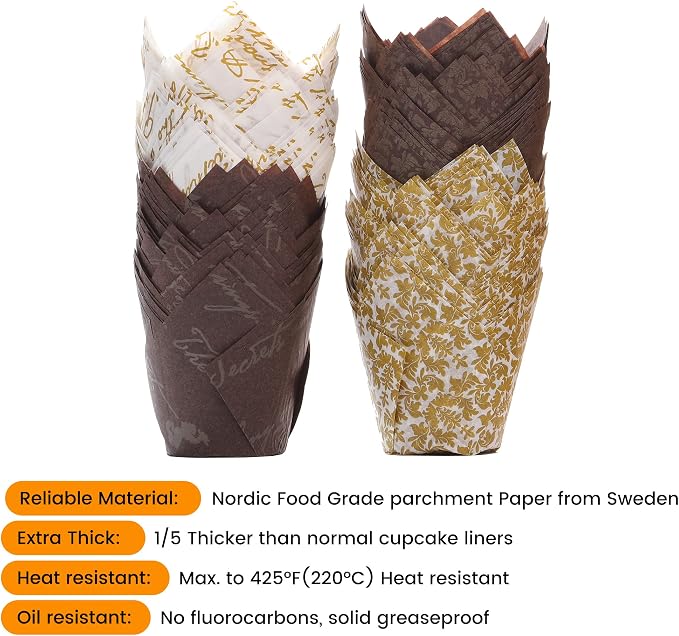 Bake Choice Nordic Paper 200pcs Tulip Cupcake Liners for baking cups with four fancy designs EU Parchment paper Standard Size Tulip Muffin liners, Cupcake Wrappers for Party, Wedding, Birthday