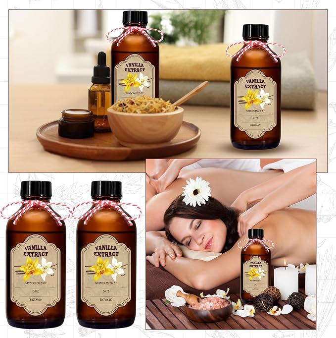 12 Pack Amber Glass Vanilla Extract Bottles 8 oz with Lids, 12 PCS Vanilla Extract Labels and Funnel, Glass Boston Vanilla Bottles for Syrup Gift, Jars Glass Bottles for Vanilla Extract