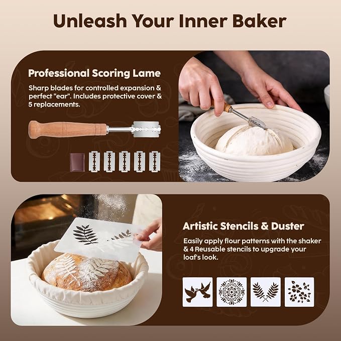 Sourdough Starter Kit for Beginners with 9" Round Banneton Proofing Basket, Bread Lame with 5 Blades, Danish Dough Whisk, Silicone Sling, Stencils & Baking Supplies for Homemade Sourdough Baking