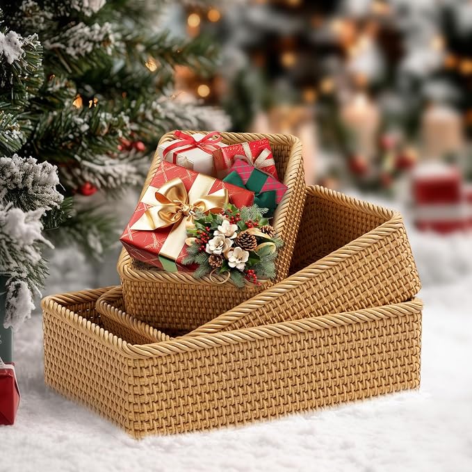 Rattan Storage Basket, 3 Pack Hand Woven Rectangular Fruit Baskets for Serving, Picnic Basket, Wicker Storage for the Living Room Kitchen (Honey Brown)