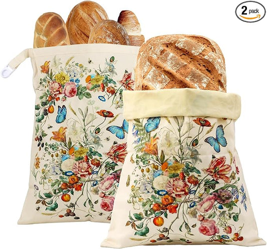 2 Pack Beeswax Bread Bags for Sourdough and Homemade Bread, XL 17x13in Reusable Cotton Storage Bags, Botanical Print Double-Layer with Beeswax Lining, Easy to Clean Artisan Bread Keeper | Keeps loaves soft