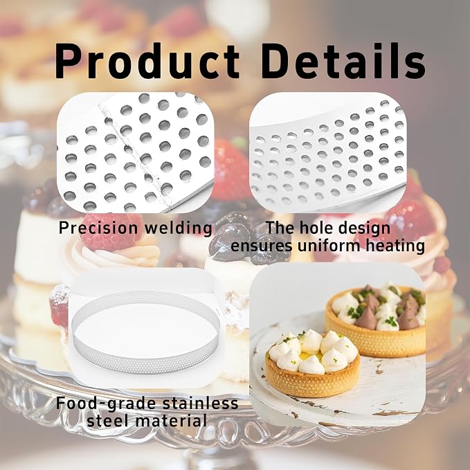 7.09Inch 304 Stainless Steel Perforated Tart Ring, Heat Resistant Cake Mousse Ring for Baking Fruit Tarts, Cake, Crust and Dessert Making