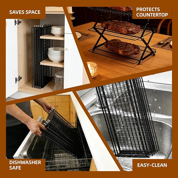 5 Tier Collapsible Cooling Rack with Adjustable 6 Setting Design stackable wire rack for baking sheet for Cookies Baking Gifts for Women (Black, 5-Tier)