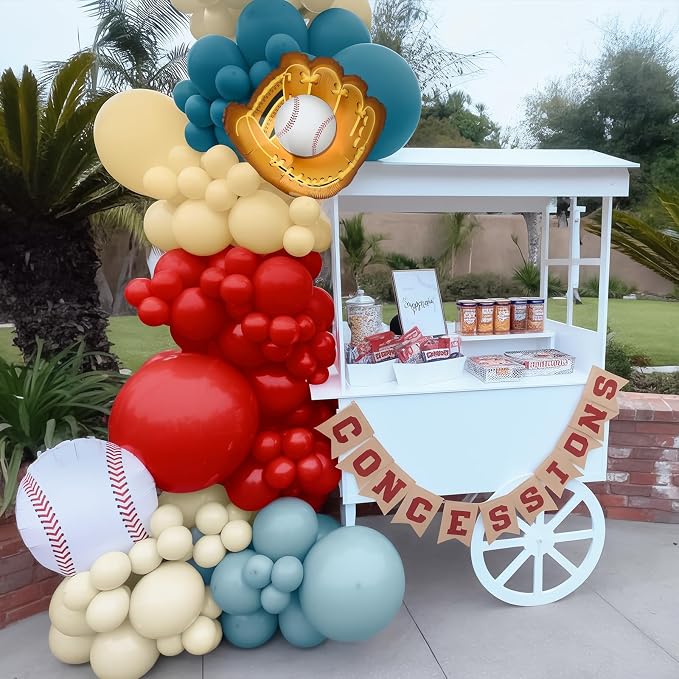 Baseball Balloon Arch Kit, 4th of July Balloon Arch Red Dusty Slate Blue Ivory Nude Balloons Garland With Baseball Foil Balloons for Men Boys Baseball Birthday Party Decorations Sport Patriotic Party