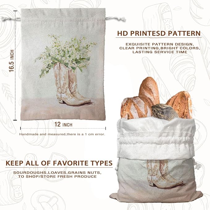 UTELKA Flroal Reusable Linen Bread Bag for Homemade Bread, Vintage Wildflower Beeswax Bread Bag, Western Storage Large Bread Box for Baker Focaccia Sandwich Bags Baking 16.5x12