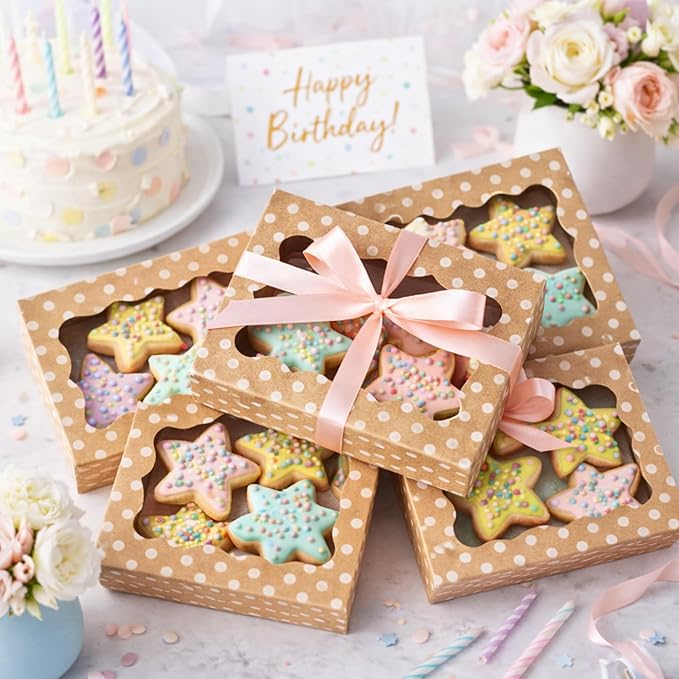 Polka Dot Cookie Boxes - 12 Pack - Brown with White Polka Dots Bakery Gift Box with Window - for Pastries, Cupcakes, Strawberries, Macarons, & Treats - Large Size Easily Fits a Dozen Cookies - 12 pcs