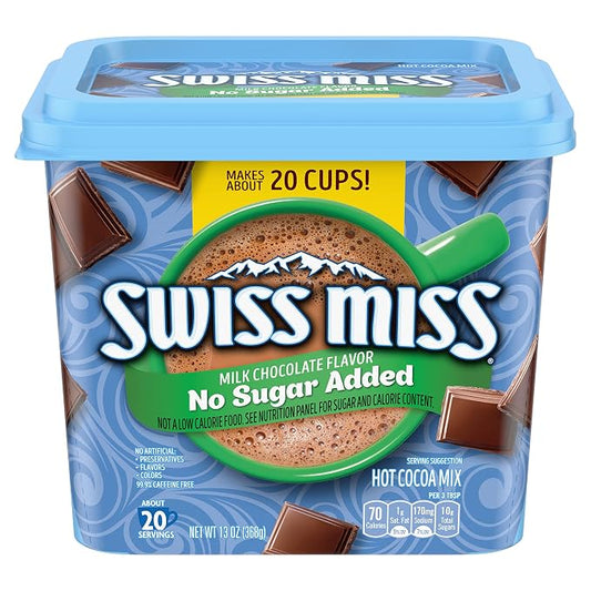 Swiss Miss Milk Chocolate Flavored No Sugar Added Hot Cocoa Mix, Hot Cocoa Bar Supplies, 13 oz. Canister