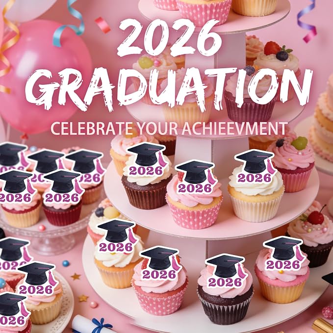 42pcs Edible Graduation Cap Cupcake Toppers Wafer Paper Pink Class of 2026 Cake Decorations Edible Grad Cap Cupcake Picks for 2026 Graduation Theme Party Cake Decor Supplies