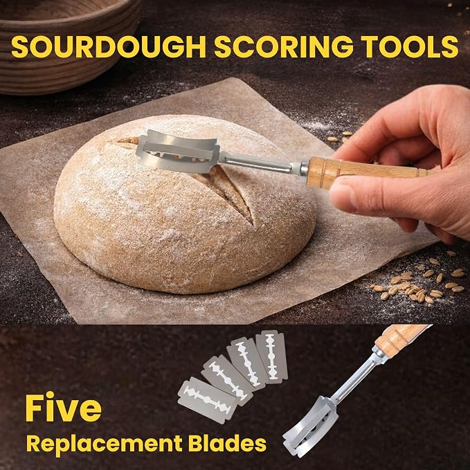 Banneton Sourdough Bread Proofing Basket, Premium AA-Grade, 9 Inch for Round, Boules Loaves, Vietnamese Banneton with Cloth Cover, Bread Lame Holder with 5 Blades