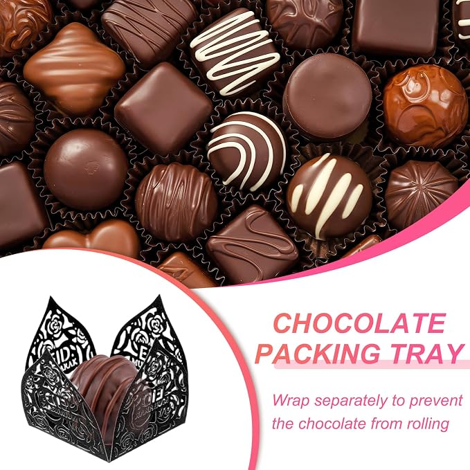 uxcell 25 PCS Truffle Wrappers 0.43x0.43 Inch Square Cupcake Liners Baking Wrappers Hollow Out Paper Dessert Cups for Wedding Birthday Black