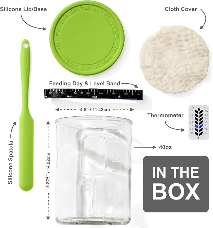 Premium Sourdough Starter Jar - 40oz Large Sourdough Jar with Marked Feeding Band, Scraper, Cloth Cover and Silicone Lid/Base, Wide Mouth Starter Kit - Green