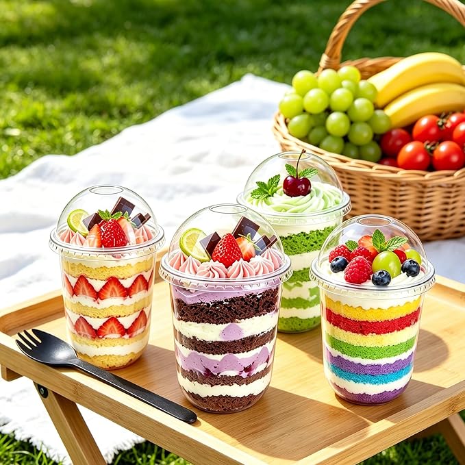 Jnnzzggu 50 Pack 16 oz Plastic Dessert Cups with Dome Lids | Clear No Hole, Includes Sporks, Disposable, For Pudding Parfait Fruit Cake