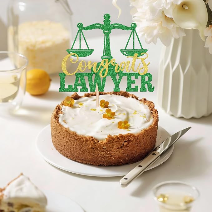 1 Pack Congrats Lawyer Cake Topper Glitter Class of 2026 Law School Survivor Cake Pick 2026 Graduation Cake Decorations for 2026 Lawyer Graduation Party Supplies Green Gold