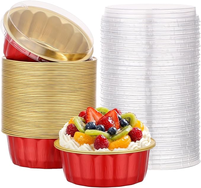 Beasea Disposable Ramekins 8oz, 50 Pack 235ml Aluminum Foil Cups with Lids, Disposable Creme Brulee Muffin Cupcake Mini Cheesecake Baking Cups for Party Wedding Birthday - Red Gold