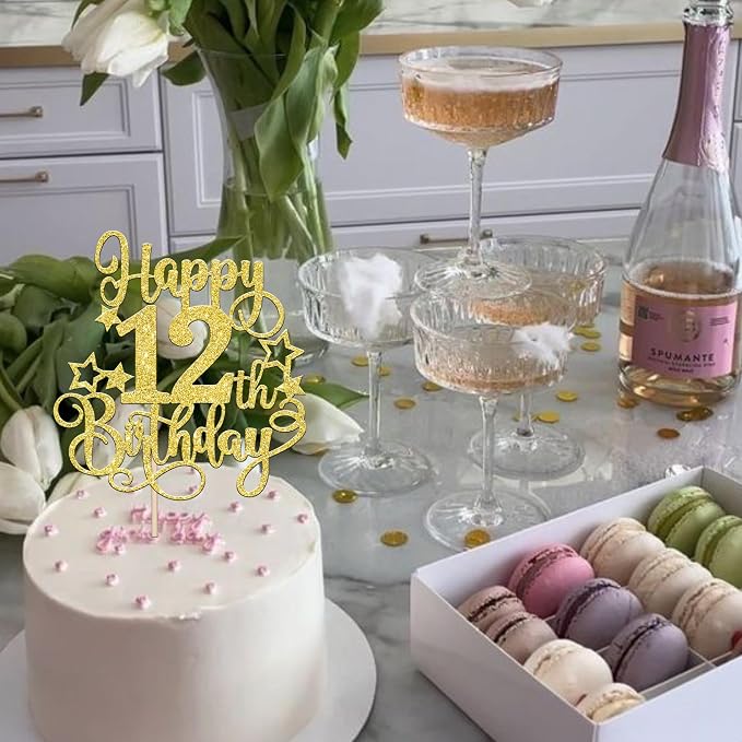 1 PCS Happy 12th Birthday Cake Topper Glitter Cheers to 12 Years Birthday Cake Pick Hello 12 Fabulous Cake Decoration for Happy 12th Birthday Anniversary Party Decorations Supplies Gold