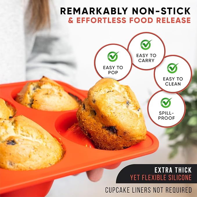 BAKE BOSS Regular Size 6 Cup Muffin Pan – Silicone Muffin Pans for Baking with Metal Handles – Nonstick Silicone Cupcake Pan, Easy-Release, BPA-Free Muffin Tray, Oven & Dishwasher Safe – Red