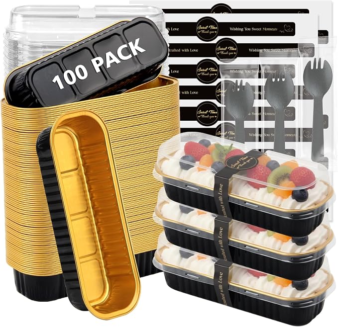 Ruckae 100 Pack Mini Loaf Pan Mini Loaf Baking Pans with Lids and Spoons,Disposable Aluminum Foil Pans, Rectangle Tin Foil Pans with Lids for Home, Pary, Picnics (Black Gold)