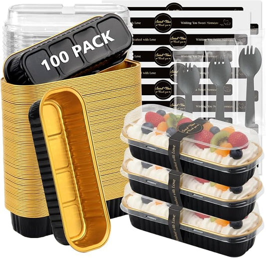 Ruckae 100 Pack Mini Loaf Pan Mini Loaf Baking Pans with Lids and Spoons,Disposable Aluminum Foil Pans, Rectangle Tin Foil Pans with Lids for Home, Pary, Picnics (Black Gold)