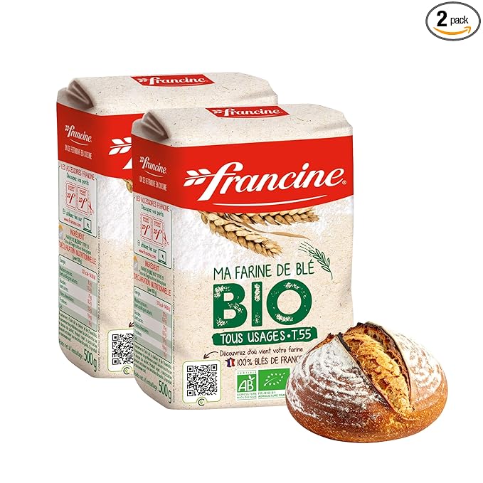 Francine Organic Wheat Flour, T55 Bio French Flour from France with Lower Gluten Content, Makes Great Breads, Pastries and Desserts, 35.3oz/1 kg (Pack of 2)