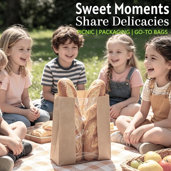 Extra Large Paper Bread Bags for Homemade Bread with Window & Sticker for XL Sourdough Breads, Round Loaf, Baked Goods, Oval Loaves, Brown Kraft - 45 Pcs 16x10x5 Inch