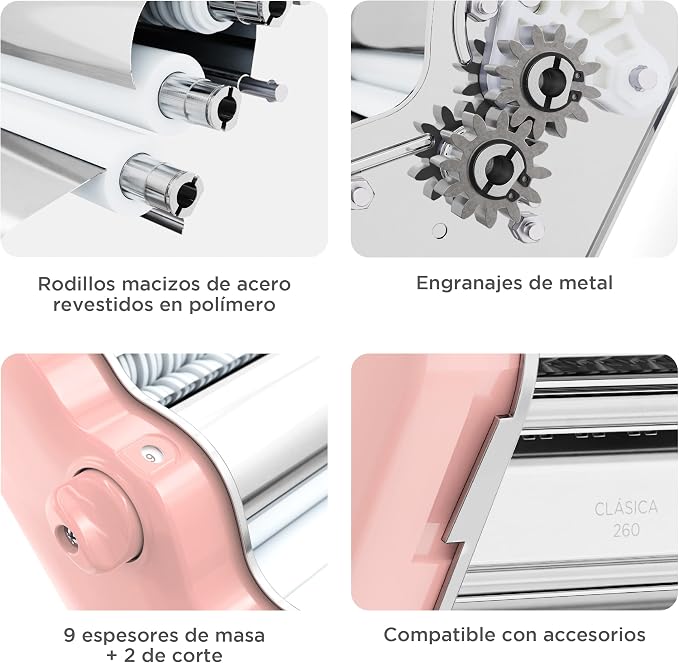 PASTALINDA Classic 260 Pasta Maker Machine, 26 cm Wide Rollers, 9 Thickness Positions, 2 Cutting Positions, Stainless Steel. Includes Reinforced Hand Crank And Two Clamps (Pink)