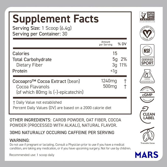 CocoaVia Cocoa Flavanols 500mg – Heart and Brain Support, High Flavanol Cocoa Extract, Boosts Nitric Oxide, Blood Circulation and Memory, Preworkout, Vegan, Gluten-Free, Dark Chocolate, 60-Day