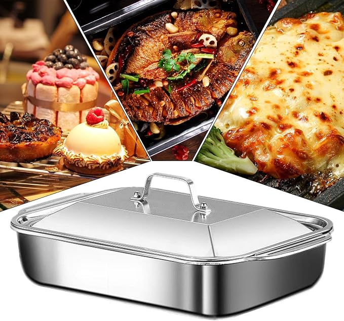 Heavy Duty Baking Pan - Multi Purpose Stainless Steel Sheet for Oven Cooking | Polished Metal with Smooth Edges, Perfect for Roasting Vegetables Meat and Desserts Sturdy 18.31x11.22x2.36 in