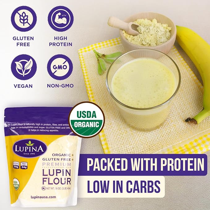 Lupina Organic Gluten-Free Lupin Flour – Pack 1–16 oz- High-Protein, High-Fiber, Low-Carb Plant-Based Flour – Non-GMO Vegan Superfood for Baking, Smoothies & Healthy Cooking