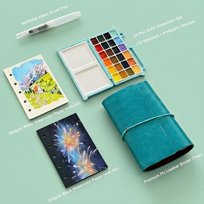 Mini Travel Watercolor Sketchbook Set - 24 Colors Pocket Paint Kit (6 Metallic, Neon, Macaron) with Refillable 300gsm Black & White Paper - PU Leather Urban Sketching Binder & Water Brush Gift