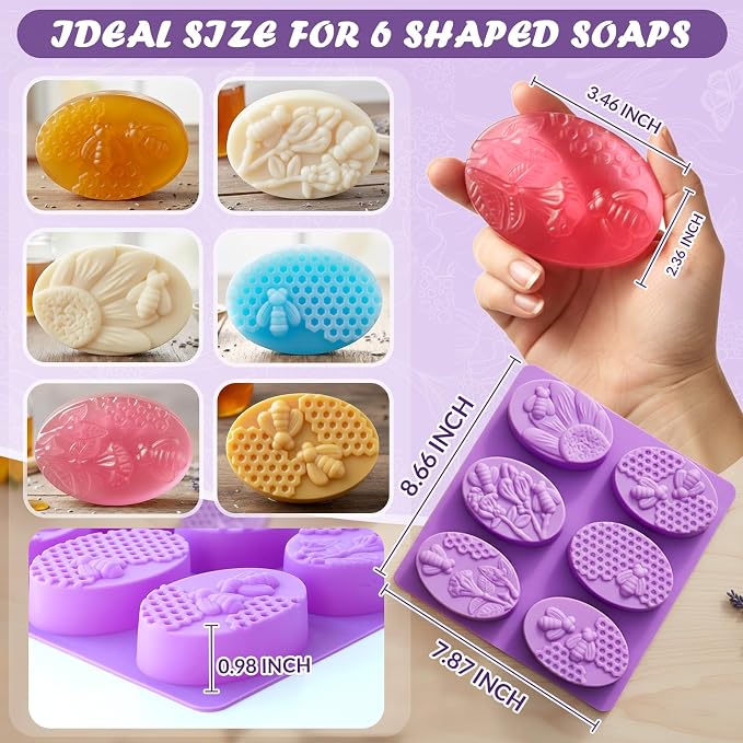 HKNMTT Silicone Bee Honeycomb Flower Oval Bar Molds, 6 Shapes 12 Cavities for Candy Soap Making Shower Steamer Homemade Bath Bomb Lotion Shampoo Bar Dessert DIY Set Non-stick Craft Food Grade 2 Pack