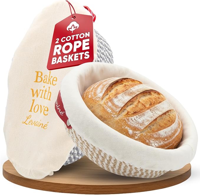 Levainé 2 Pack Cotton Rope Banneton Bread Proofing Basket Set, Round & Oval Sourdough Proofing Baskets with Liners and Covers, Washable Bread Baking Supplies for Homemade Artisan Bread