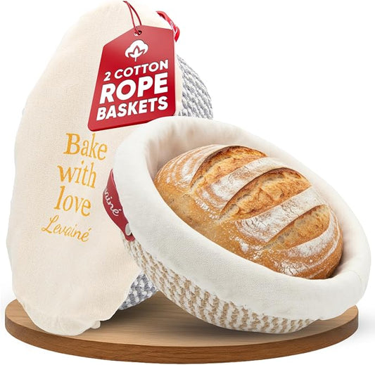Levainé 2 Pack Cotton Rope Banneton Bread Proofing Basket Set, Round & Oval Sourdough Proofing Baskets with Liners and Covers, Washable Bread Baking Supplies for Homemade Artisan Bread
