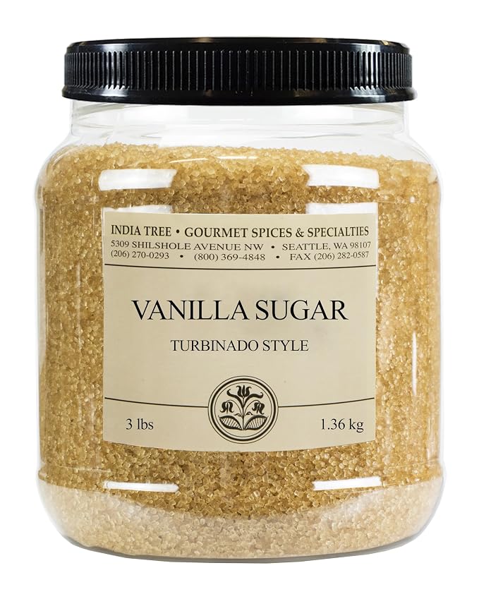 India Tree Vanilla Sugar, 3 lb Canister - Vegan, Non-GMO and Fair Trade Raw Cane Sugar with Real Vanilla Bean