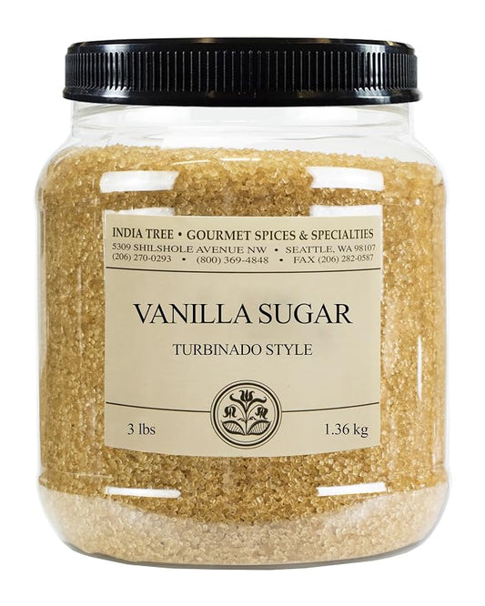 India Tree Vanilla Sugar, 3 lb Canister - Vegan, Non-GMO and Fair Trade Raw Cane Sugar with Real Vanilla Bean