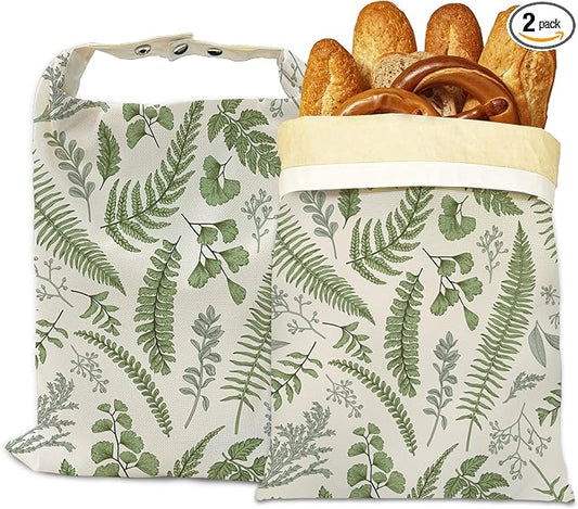 Beeswax Bread Bags, 2 Pack for Homemade Bread and Sourdough Storage | Herbs Eucalyptus Leaves Botanical, Reusable Polyester Bread Storage With Beeswax Coating And Snap Closures