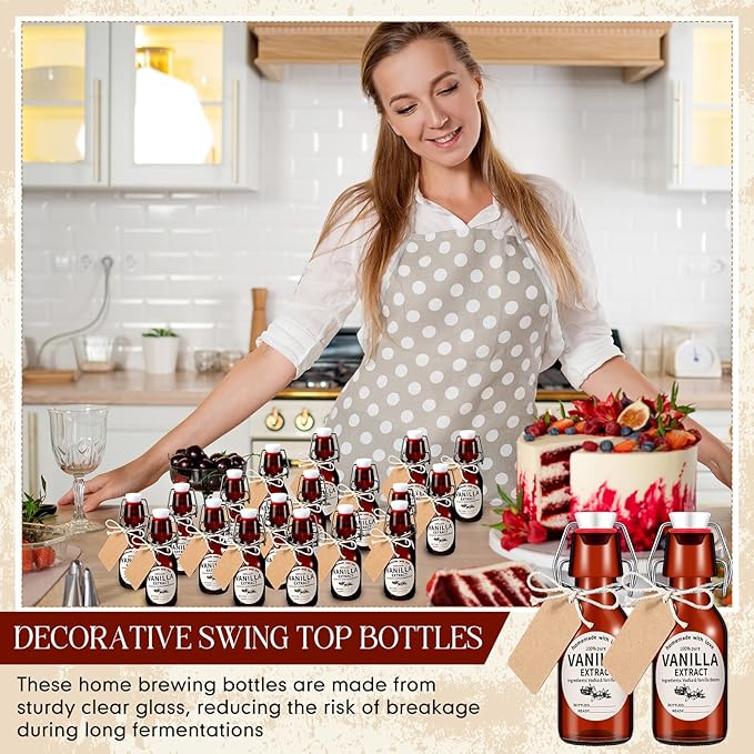 Vesici 20 Sets Swing Top Glass Bottles Set Amber Homemade Vanilla Extract Bottles Vanilla Extract Jars for Christmas DIY Crafts (8 Oz)