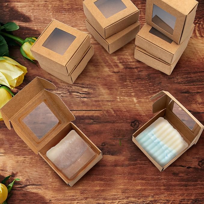 QUYLIXX 100 Pcs Soap Packaging Boxes with Window Mini Kraft Paper Boxes Bulk Treat Favor Boxes Rectangle Gift Soap Boxes for Homemade Soap Making Cookies Candy Prese