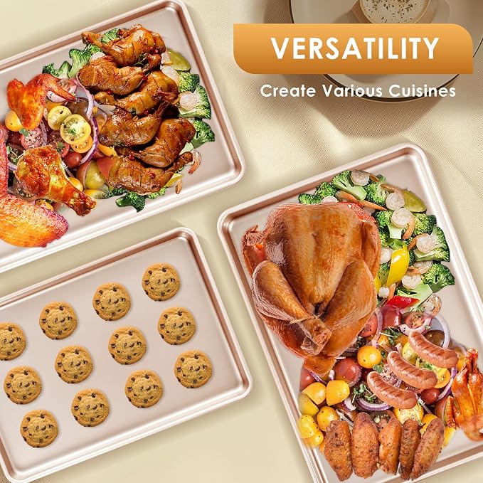 Baking Sheet Pan Set of 3, Nonstick Commercial Cookie Sheets for Baking | Half/Quarter/Jelly Roll Pans Replacement Toaster Oven Tray, Heavy Duty & Easy Clean, Rose Gold