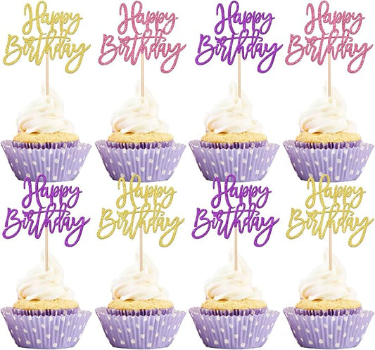 24 PCS Happy Birthday Cupcake Toppers Glitter Happy Birthday Cupcake Picks for Celebrating Anniversary Theme Party Cake Decorations Supplies Gold Purple Pink