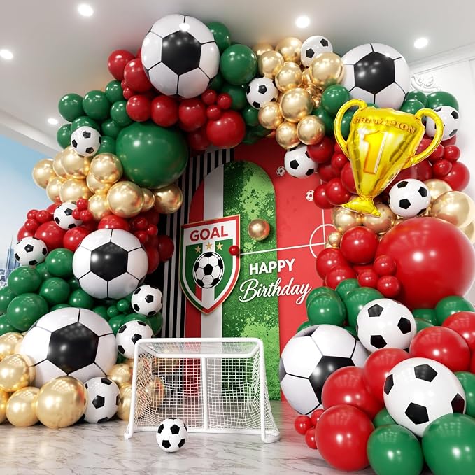 Soccer Party Decorations 160Pcs, World Soccer Balloon Garland Arch Kit with 18'' Football Foil Balloons, Green and Red Football Print Balloons for Boys Sports Fan Birthday Soccer Party Decor