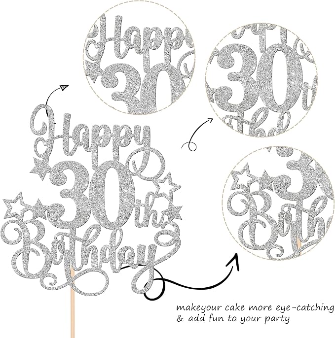 1 PCS Happy 30th Birthday Cake Topper Glitter Cheers to 30 Years Birthday Cake Pick Hello 30 Fabulous Cake Decoration for Happy 30th Birthday Anniversary Party Decorations Supplies Silver