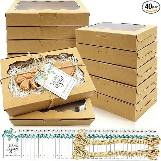 40 Pack Cookie Boxes with Clear Window, 7 x 4 3/8 x 1½ Inch Small Kraft Candy Boxes Premium Pastry Boxes with Tags Ropes for Cookie Packaging, Dessert, Donuts, Pie, Cupcakes, Parties