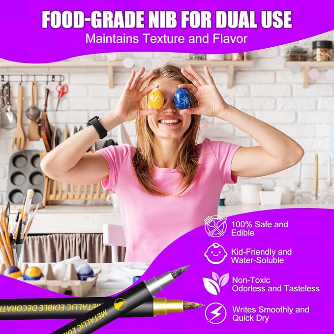 Edible Markers - 10 pcs Dual Sided Food Coloring Pens with Fine ＆ Thick Tip, Edible Food Safe Paint for Cake Decorating, Cookies, Fondant, Frosting, Icing, Easter Eggs, Food Grade Gourmet Writers