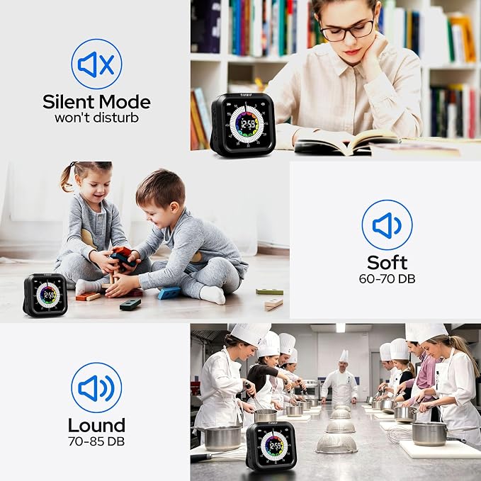 Visual Timer for Kids with Color Display Kitchen Timer 1500mAh Battery | Memory Function Scroll Wheel Control, Magnetic Back with Stand, Up to 12h59m Countdown, Kitchen, Study & Classroom