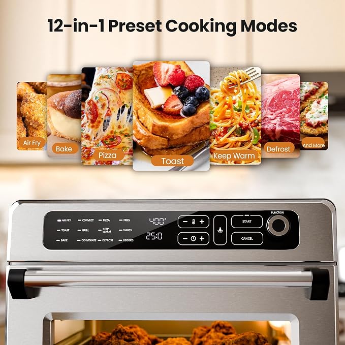 Kismile 25QT Air Fryer Toaster Oven, Countertop Convection Oven, 12 Preset Cooking Functions, Adjustable Temp 70-450°F, Toast, Bake, Broil, Reheat, Fits 12" Pizza, Full Accessory Set Included, Silver