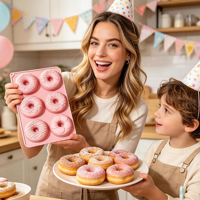 Donut Moulds - 6-Hole Kitchen Baking Mold | Suitable for Homemade Baked Cakes | 6-Cavity Food-Grade Non-Stick Safe Pink Tray, Reusable Baking Pan for Microwave Freezer Oven