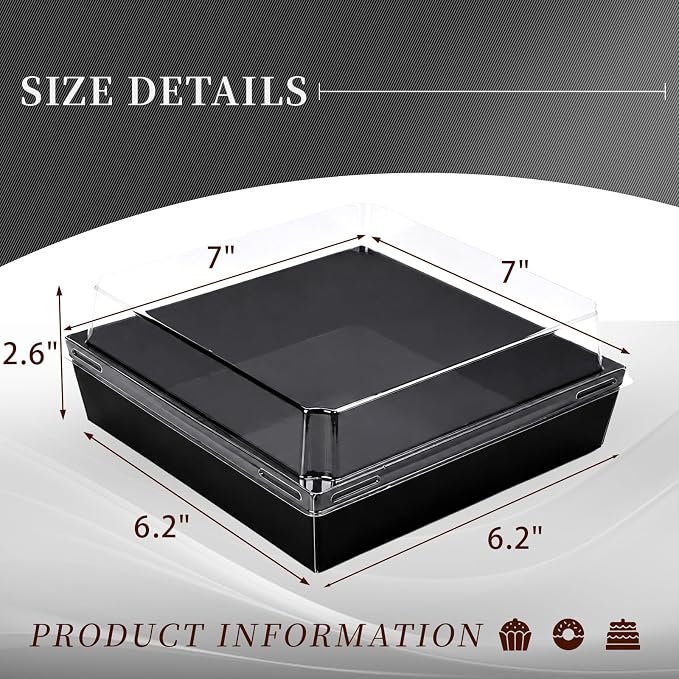 7 x 7 x 2.6 Inches Large Charcuterie Boxes with Clear Lids, 50 Pack Disposable Square Black Bakery Boxes, To Go Paper Food Container for Cake Slices, Sandwiches, Cookies, Dessert