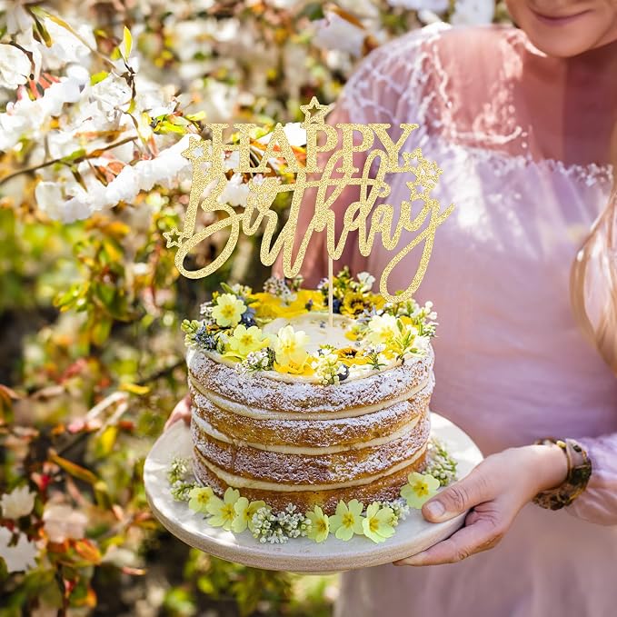 Gyufise 1Pcs Happy Birthday Cake Topper Glitter Happy Birthday Cake Pick for Celebrating Happy Birthday Anniversary Theme Party Cake Decorations Supplies Light Gold