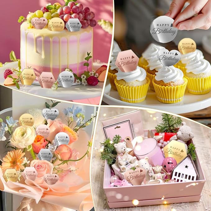 45PCS Happy Birthday Cake Toppers, Mirror Acrylic Cupcake Toppers 3 Multi-shape & 3 Different Color Custom Cupcake Picks for Birthday Party Anniversary Pastries Decorations