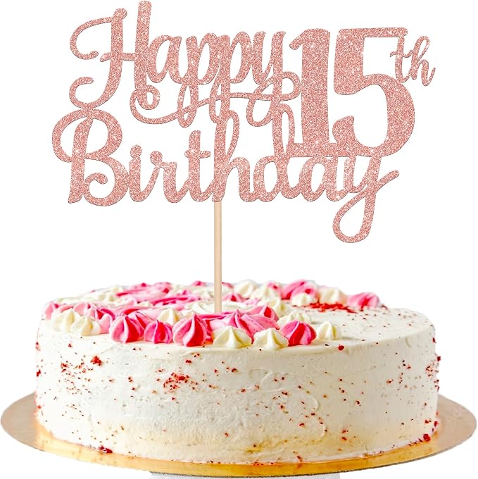 1 PCS Happy 15th Birthday Cake Topper Glitter Cheers to 15 Years Birthday Cake Pick Mis Quince 15 Fabulous Cake Decoration for Happy 15th Birthday Theme Party Decorations Supplies Rose Gold